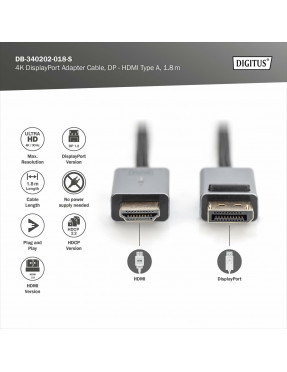 Digitus DIGITUS 4K DisplayPort Adapterkabel, DP - HDMI Typ A